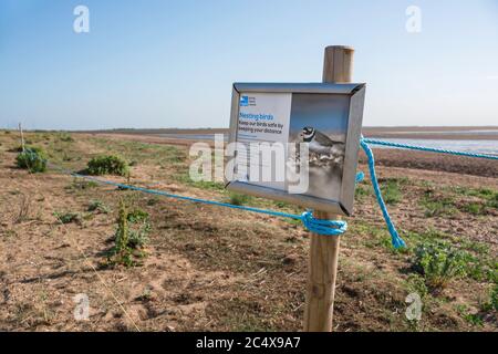 Snettisham Nature Reserve, Blick auf ein RSPB-Schild, das Vorsicht in der Nähe von Nistvögeln fordert, Snettisham Beach, Norfolk, England, Großbritannien Stockfoto