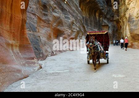 Eine Pferdekutsche in einer Schlucht, Siq Schlucht in Petra, Jordanien. Petra ist eines der Neuen Sieben Weltwunder. Stockfoto