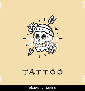 Authentisch aussehende Schädel Zeichnung, Retro Old School Stil Tattoo Illustration Vektor Stock Vektor