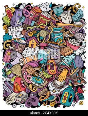 Reinigung Hand gezeichnet Vektor doodles lustige Illustration. Stock Vektor