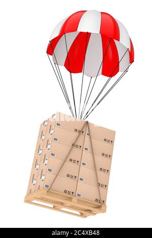 Logistikkonzept. Kartons auf Holzpalette mit Fallschirm auf weißem Hintergrund. 3d-Rendering Stockfoto