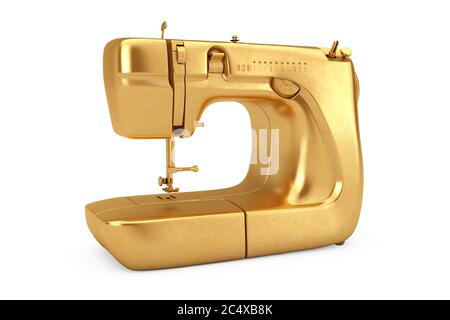 Goldene moderne Nähmaschine auf weißem Hintergrund. 3d-Rendering Stockfoto