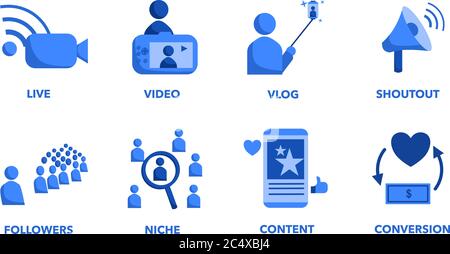 Symbol für Social Media Influencer Marketing Konzept, Influencer Strategie, Live, Video, vlog, Blog, Shout out, Nische und Conversion Rate. Vektor Stock Vektor