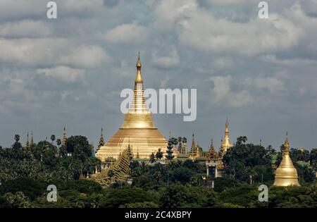 Die historische goldene Shwedagon Pagode und Stupas über der Baumgrenze in Yangon, Myanmar, formal Rangun, Burma Stockfoto