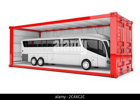 Big White Coach Tour Bus in Red Shipping Container mit abnehmter Seitenwand auf weißem Hintergrund. 3d-Rendering. Stockfoto