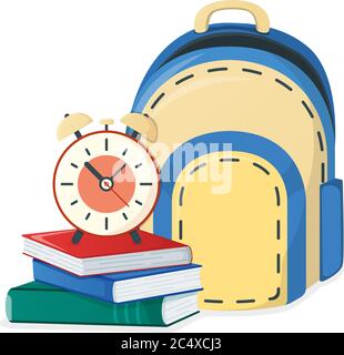 Lehrbuch, Schulbuch und Rucksack, Alarm-Symbol auf weiß isoliert, Cartoon-Vektor-Illustration. Willkommen zurück in der Schule, Zubehör für das Studium in der Hochschule A Stock Vektor