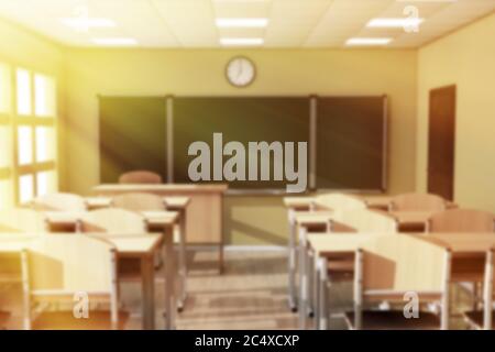 Verschwommene Ansicht der Tafel mit Reihen von hölzernen Lecture School oder College Desk Tische in modernen Klassenzimmer extreme Nahaufnahme Hintergrund. 3d-Rendering Stockfoto