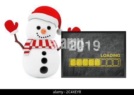 Neujahrskonzept. Schneemann in der Nähe von Kreidetafel mit Fortschrittsbalken zeigt Lade des 2019 Neujahr auf weißem Hintergrund. 3d-Rendering Stockfoto