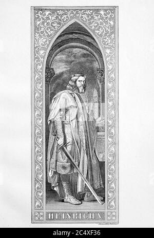 Heinrich V. (* 1081 oder 1086, † 23. Mai 1125) stammte aus der Familie Salians ab 1098 Mitregent seines Vaters, Kaiser Heinrich IV., ab 1106 römisch-deutscher König und von 1111 bis 1125 römisch-deutscher Kaiser. / Heinrich V. (* 1081 oder 1086; † 23. Mai 1125) aus der Familie der Salier war ab 1098 Mitkönig seines Vaters, Kaiser Heinrichs IV., ab 1106 roemisch-deutscher König und von 1111 bis 1125 roemisch-deutscher Kaiser, historische, digitale Nachbildung eines Originals aus dem 19. Jahrhundert / digitale Reproduktion einer Originalvorlage aus dem 19ten Jahrhundert. Jahrhundert Stockfoto