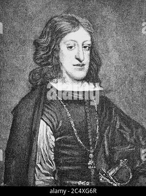 Karl II., Karl II. (Geboren am 6. November 1661 † 1. November 1700). War Mitglied der spanischen Niederlassung des Hauses Habsburg. Es war von 1665 bis zu seinem Tod im Jahre 1700, König von Spanien / Karl II., Carlos II (* 6. November 1661; † 1. November 1700) war ein Angehoerer der spanischen Linie des Hauses Habsburg. Er war von 1665 bis zu seinem Tod im Jahr 1700 König von Spanien, historisch, digital verbesserte Reproduktion eines Originals aus dem 19. Jahrhundert / digitale Produktion einer Originalvorlage aus dem 19. Jahrhundert Stockfoto