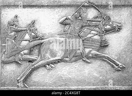 Aschurbanipal Jagd, Relief von Kuyunjik, Assur-bani-apli auch Aschschur-bani-apli, Assur-bani-apli, biblische Aschurbanipal war V Oktober 27, der 669. Bis 631/627 v. Chr.. v. Chr. König des Assyrischen Reiches / Assurbanipal auf der Jagd, Relief von Kujundschik, auch Aschschur-bani-apli, biblisch Assurbanipal, war vom 27. Oktober 669 v. Chr. bis 631/627 v. Chr. König des assyrischen Reiches, historisch, digital verbesserte Reproduktion eines Originals aus dem 19. Jahrhundert / digitale Produktion einer Originalvorlage aus dem 19. Jahrhundert Stockfoto