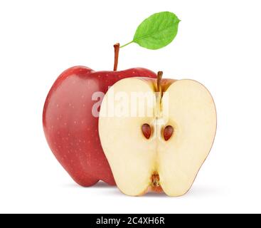 Ganze und Hälfte rote Äpfel mit grünem Blatt isoliert auf weißem Hintergrund. Beschneidungspfad Stockfoto