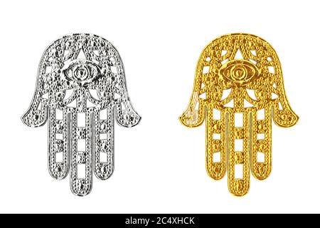 Goldene und silberne Hamsa, Hand des Fatima Amulett Symbol auf weißem Hintergrund. 3d-Rendering Stockfoto