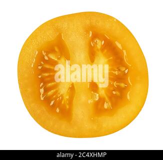 Orange Tomate Querschnitt isoliert auf weißem Hintergrund mit Clipping-Pfad Stockfoto