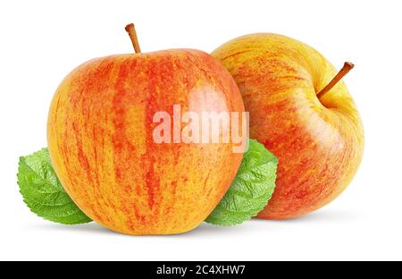 Roter Apfel mit grünem Blatt isoliert auf weißem Hintergrund. Beschneidungspfad. Stockfoto