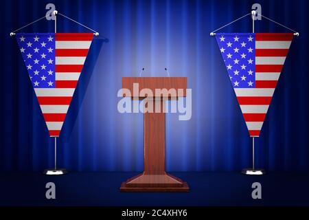 Tribune Rostrum Sprechständer mit Mikrofonen bei USA Flaggen auf weißem Hintergrund. 3d-Rendering Stockfoto