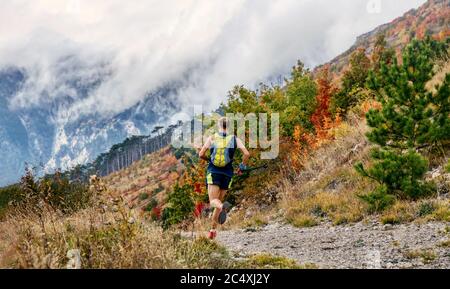 Athlet Läufer mit Trekkingstöcken laufen Herbst-Bergrennen Stockfoto