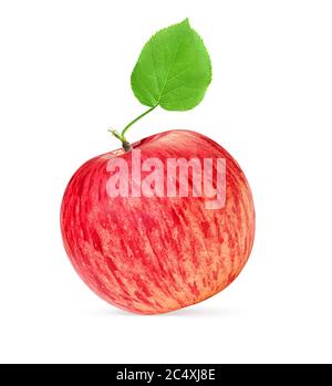 Ein roter Apfel mit grünem Blatt isoliert auf weißem Hintergrund mit Clipping Pfad Stockfoto