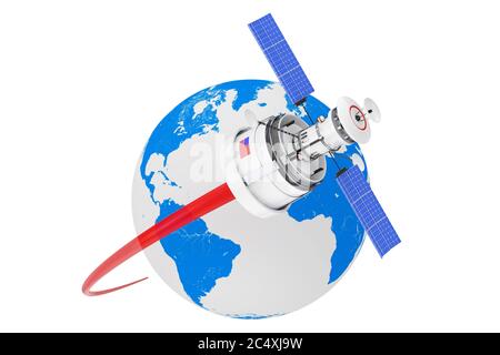 Moderne Cartoon Satellite bewegt sich um den Erdglobus auf einem weißen Hintergrund. 3d-Rendering Stockfoto