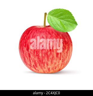 Ein roter Apfel mit grünem Blatt isoliert auf weißem Hintergrund mit Clipping Pfad Stockfoto