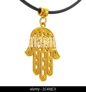 Goldene Hamsa, Hand von Fatima Amulet Coulomb auf weißem Grund. 3d-Rendering Stockfoto