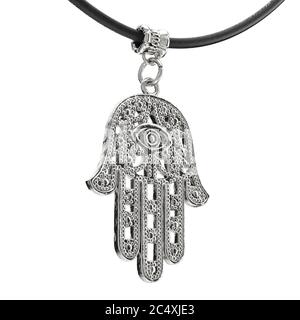 Silberne Hamsa, Hand von Fatima Amulet Coulomb auf weißem Grund. 3d-Rendering Stockfoto