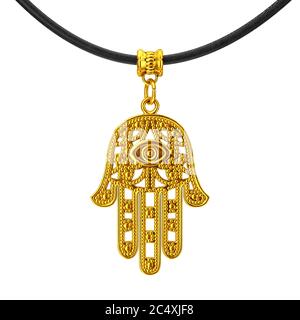 Goldene Hamsa, Hand von Fatima Amulet Coulomb auf weißem Grund. 3d-Rendering Stockfoto