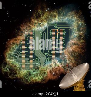 Fotografie zum Thema Radioelektronik. Mikroprozessorplatine in Nahaufnahme. Elemente dieses Bildes werden von der NASA zur Verfügung gestellt Stockfoto