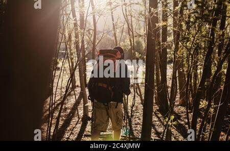Rückansicht des Mannes mit Rucksack, der auf einem Bergpfad durch Bäume läuft. Männliche Backpacker wandern an einem sonnigen Tag durch Bäume. Stockfoto