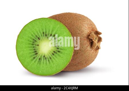 Ganze und Scheibe Kiwi Frucht isoliert auf weißem Hintergrund mit Clipping Pfad Stockfoto