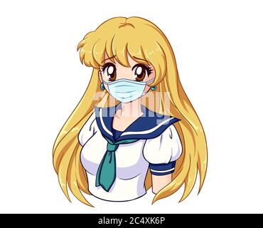 Anime Porträt von niedlichen Mädchen mit langen blonden Haaren und das Tragen von medizinischen Maske und japanische Schuluniform. Handgezeichnete Vektordarstellung isoliert auf Whi Stock Vektor