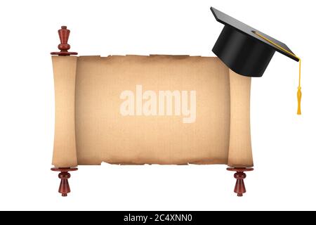 Graduation Akademische Kappe über Blank Alte Papierrolle Pergament Mockup auf weißem Hintergrund. 3d-Rendering Stockfoto