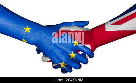 Europäische und britische Union Jack Flaggen schütteln Hände 3D-Illustration auf einem isolierten weißen Hintergrund Stockfoto
