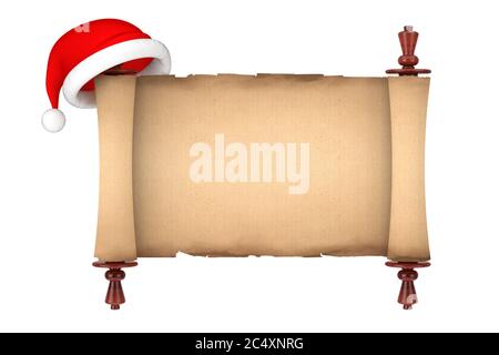 Weihnachtsmütze über Blank Alte Papierrolle Pergament Mockup auf weißem Hintergrund. 3d-Rendering Stockfoto