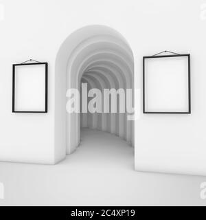 Abstrakt Weißer Bogenschießbogen mit weißem unbeschriftem Plakard Mockup Rahmen extreme Nahaufnahme. 3d-Rendering Stockfoto