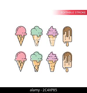 Eis mit Waffelkegel bunte Icon-Set. Eiscreme rosa, Minze und Schokolade, bunte Füllung, editierbare Linien Symbole. Stock Vektor