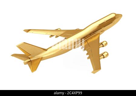 Golden Jet Passagierflugzeug auf weißem Hintergrund. 3d-Rendering Stockfoto