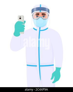 Arzt in Schutzkleidung und mit digitalem Temperaturscan. Chirurgen mit Infrarot-Thermometer prüfen. Medizinische Person. Stock Vektor