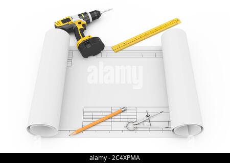 Akku-Bohrer, Bleistift, Ruller und Kompasszeichnung mit Zeichenvorlage auf weißem Hintergrund. 3d-Rendering Stockfoto