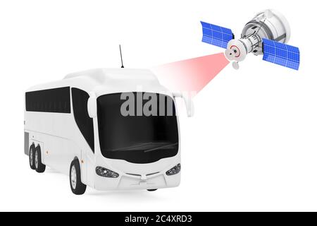 Moderne Satelite Broadcasting zu Big White Coach Tour Bus auf weißem Hintergrund. 3d-Rendering Stockfoto