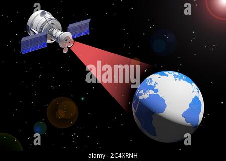 Moderne Satelliten-Übertragung auf Erde Globus auf einem Stern Weltraum Himmel Hintergrund. 3d-Rendering Stockfoto