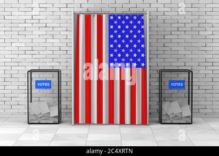 Wahlurnen in der Nähe des Weißen Wahlkabinettals mit Vorhang und USA-Flagge vor der Ziegelmauer. 3d-Rendering Stockfoto