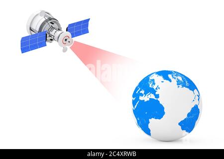 Moderner Satelit-Rundfunk zum Erdglobus auf weißem Hintergrund. 3d-Rendering Stockfoto