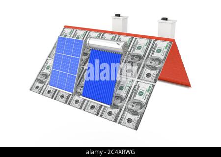 Solar Water Heater und Solar Panel auf einem Dollar Rechnungen Dach auf weißem Hintergrund installiert. 3d-Rendering Stockfoto