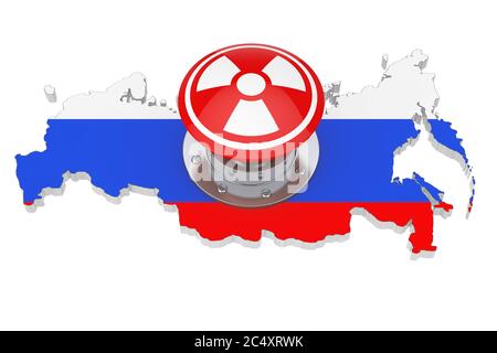 Rote Atombombe Start nukleare Taste mit Strahlungssymbol über russischer Karte mit Flagge auf weißem Hintergrund. 3d-Rendering Stockfoto