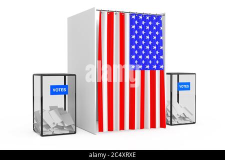 Wahlurnen in der Nähe von White Voting Booth mit Vorhang und USA Flagge auf weißem Hintergrund. 3d-Rendering Stockfoto