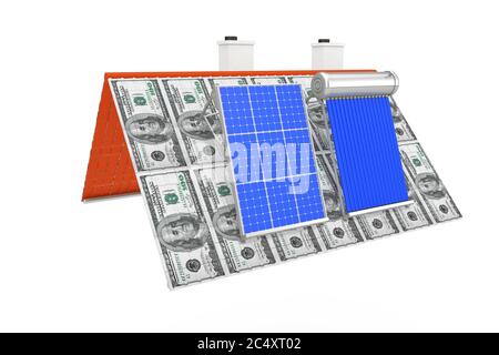 Solar Water Heater und Solar Panel auf einem Dollar Rechnungen Dach auf weißem Hintergrund installiert. 3d-Rendering Stockfoto