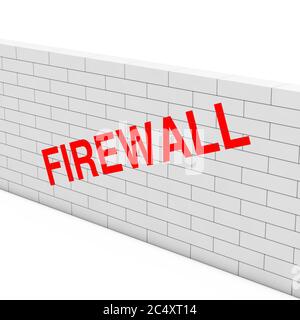 Firewall-Konzept. Weiße Ziegelwand mit Firewall-Zeichen auf weißem Hintergrund. 3d-Rendering Stockfoto