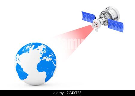 Moderner Satelit-Rundfunk zum Erdglobus auf weißem Hintergrund. 3d-Rendering Stockfoto