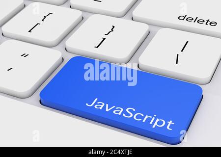 Blaue JavaScript-Taste auf weißer PC-Tastatur extreme Nahaufnahme. 3d-Rendering Stockfoto